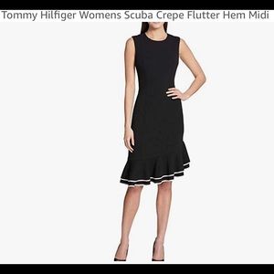 Tommy Hilfiger Black scuba crepe flutter hem midi Sleeveless Dress.